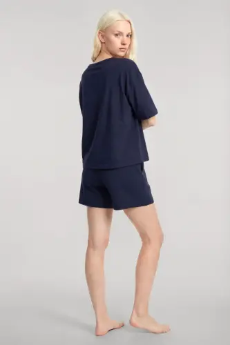 Angelino Short Sleeve Pajama Set with Shorts Navy Blue - 1