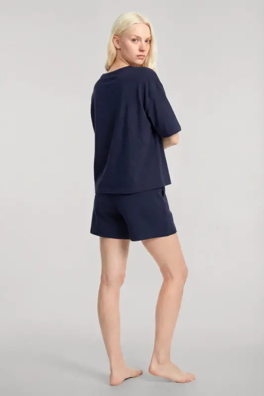 Angelino Short Sleeve Pajama Set with Shorts Navy Blue - 1