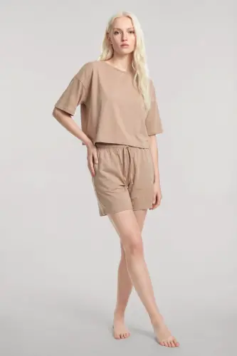 Angelino Short Sleeve Shorts Pajama Set Beige - 1