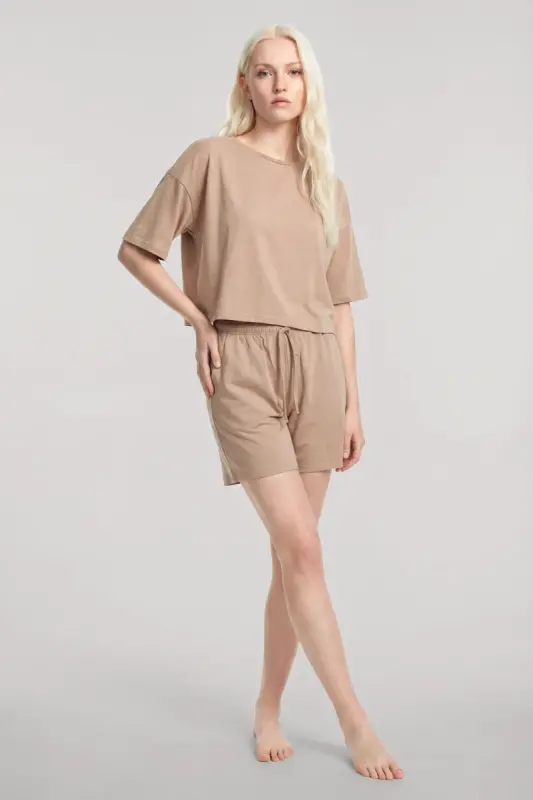 Angelino Short Sleeve Shorts Pajama Set Beige - BÜYÜKBEDENIZ