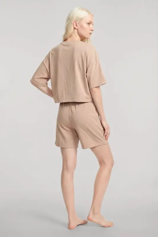 Angelino Short Sleeve Shorts Pajama Set Beige - 2