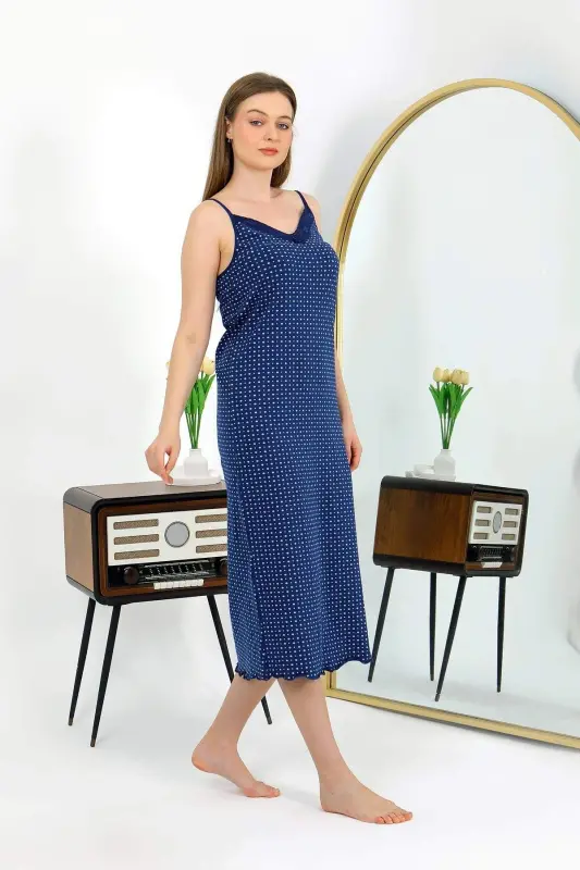 Angelino Spaghetti Strap Long Slit Knit Nightgown 90130 Navy Blue - 12
