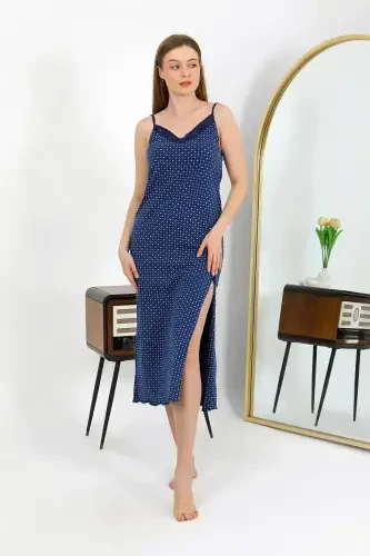 Angelino Spaghetti Strap Long Slit Knit Nightgown 90130 Navy Blue - 8