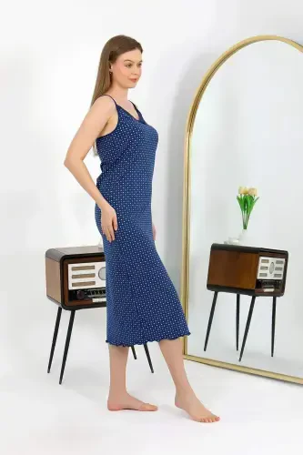 Angelino Spaghetti Strap Long Slit Knit Nightgown 90130 Navy Blue - 3