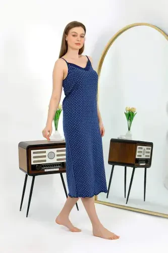 Angelino Spaghetti Strap Long Slit Knit Nightgown 90130 Navy Blue - 4