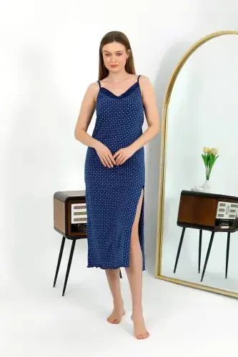 Angelino Spaghetti Strap Long Slit Knit Nightgown 90130 Navy Blue - 6