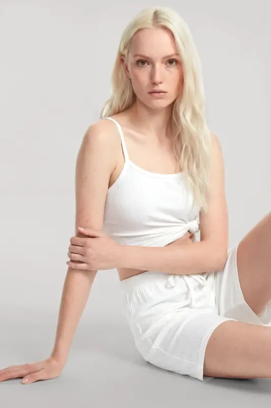 Angelino Strap Ribbed Shorts Set Ecru - 2