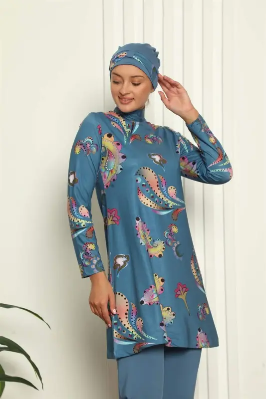 Angelino Toʻliq Hijob Raqamli Naqshli Suzish Kiyimi 31043 - BÜYÜKBEDENIZ