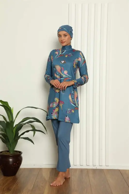 Angelino Toʻliq Hijob Raqamli Naqshli Suzish Kiyimi 31043 - 2