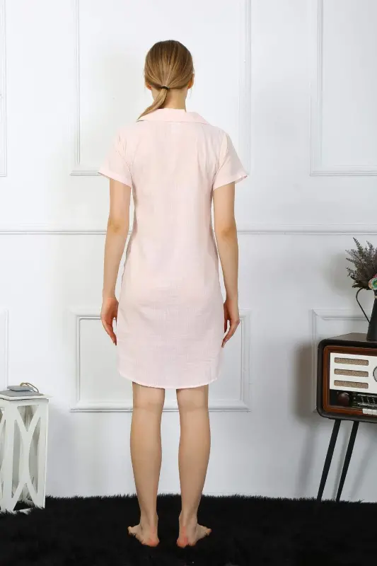 Angelino Underwear Women Cotton Linen Short Sleeve Buttoned Powder Tunica Nightgown 13108 - 3