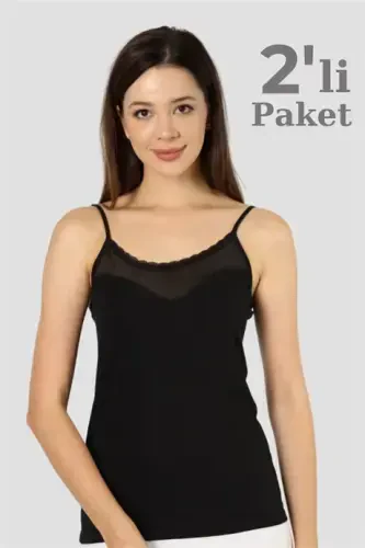 Angelino Underwear Women's Black 2-Pack Cotton Lycra Tulle String Strap Vest - 1