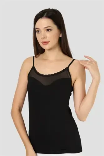 Angelino Underwear Women's Black 2-Pack Cotton Lycra Tulle String Strap Vest - 3