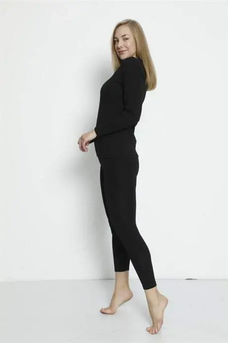 Angelino Underwear Women's Black Base Layer Thermal Underwear Set - BÜYÜKBEDENIZ