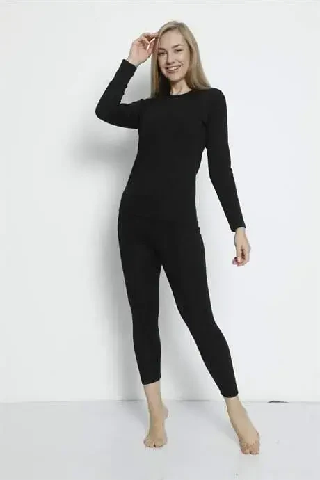 Angelino Underwear Women's Black Base Layer Thermal Underwear Set - 4
