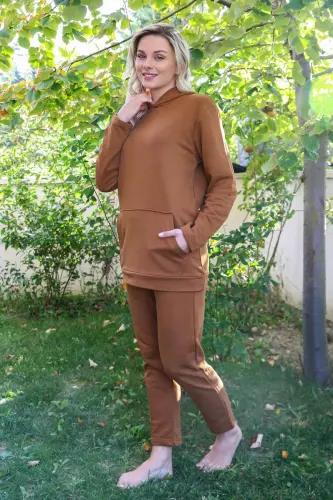 Angelino Underwear Women's Cotton Hooded Pocket 3 Thread Coffee Sweatsuit Set 9037 - 2