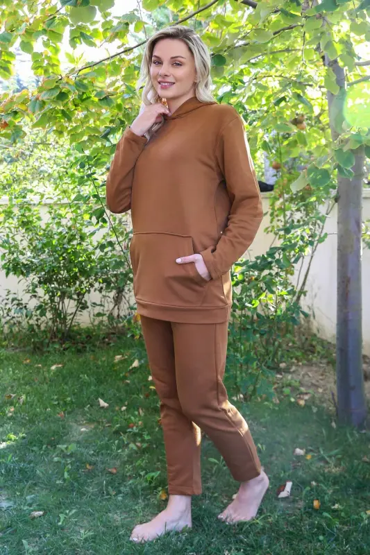 Angelino Underwear Women's Cotton Hooded Pocket 3 Thread Coffee Sweatsuit Set 9037 - 2