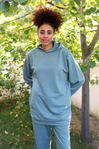 Angelino Underwear Women's Cotton Hooded Pocket 3 Thread Green Tracksuit 9037 - BÜYÜKBEDENIZ (1)