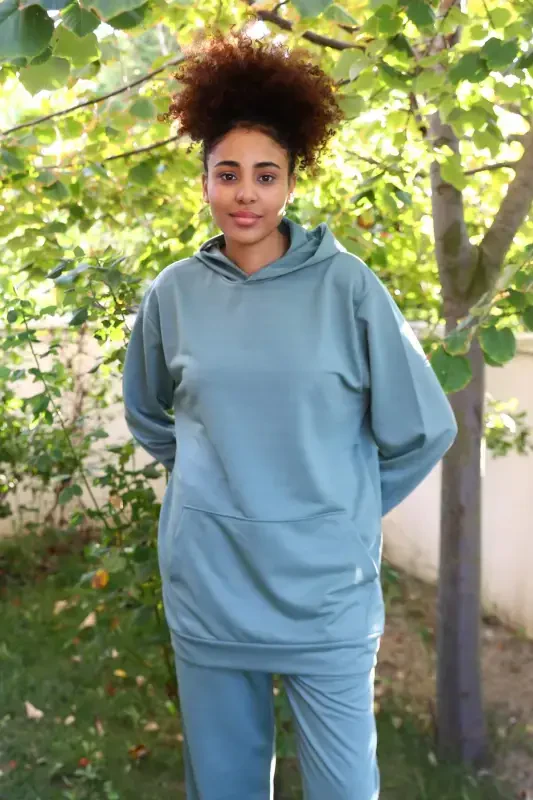 Angelino Underwear Women's Cotton Hooded Pocket 3 Thread Green Tracksuit 9037 - 2