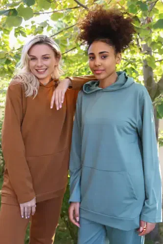 Angelino Underwear Women's Cotton Hooded Pocket 3 Thread Green Tracksuit 9037 - 3