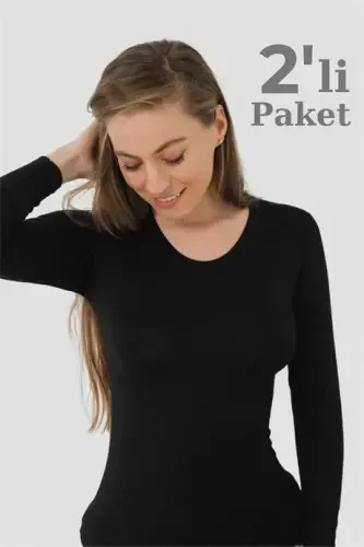 Angelino Underwear Women's Ribbed Black Long Sleeve Bodysuit 2-Pack - 1