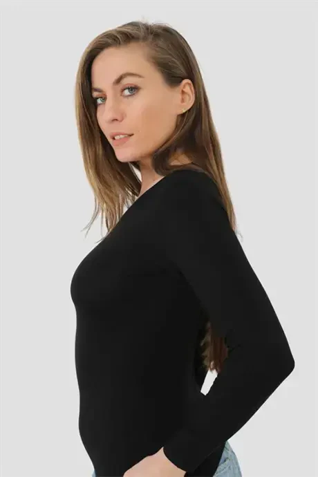 Angelino Underwear Women's Ribbed Black Long Sleeve Bodysuit 2-Pack - 3