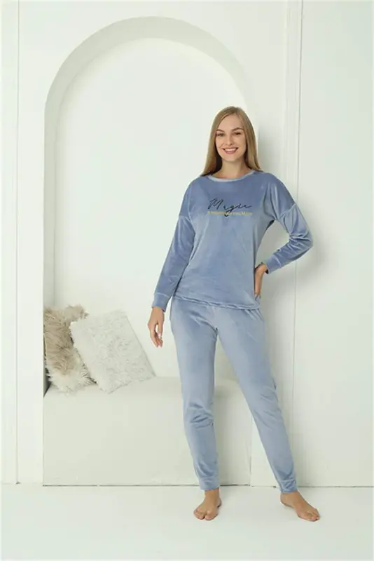 Angelino Underwear Women's Velvet Blue Pajama Set 20624 - 8