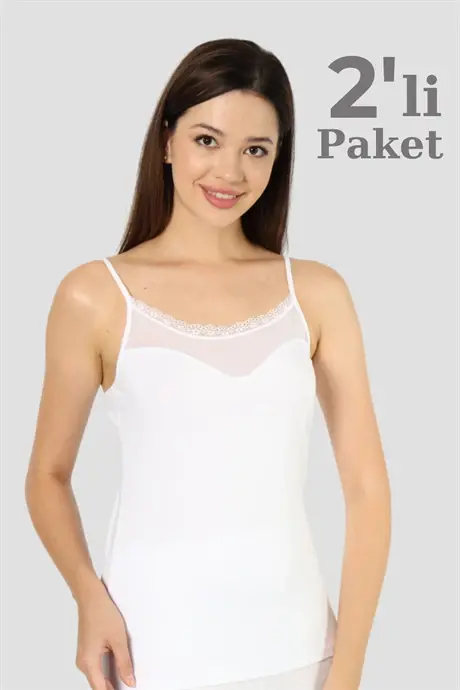 Angelino Underwear Women's White 2 Pack Cotton Lycra Tulle Strap Camisole - 1