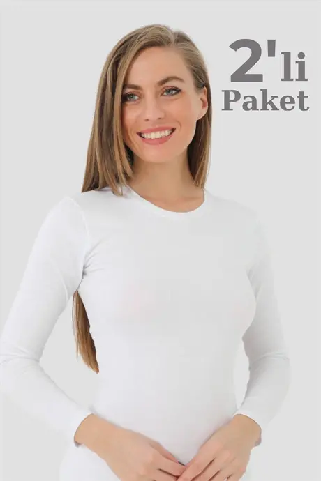 Angelino Underwear Women's White Ribbed Long Sleeve Bodysuit 2-Pack - 1