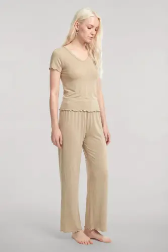 Angelino V-Neck Soft Textured Pajama Set Beige - 1