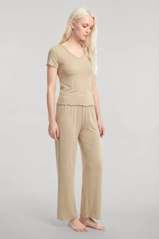 Angelino V-Neck Soft Textured Pajama Set Beige - 1