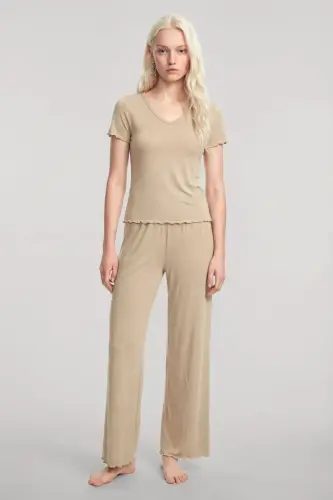 Angelino V-Neck Soft Textured Pajama Set Beige - BÜYÜKBEDENIZ (1)