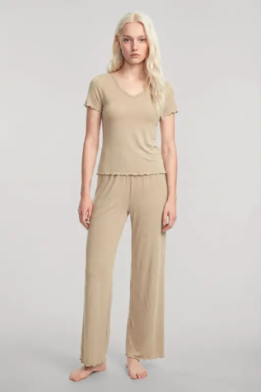 Angelino V-Neck Soft Textured Pajama Set Beige - 2