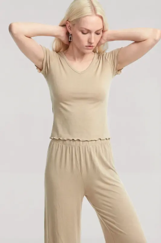 Angelino V-Neck Soft Textured Pajama Set Beige - 3