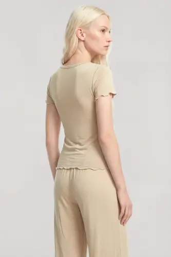 Angelino V-Neck Soft Textured Pajama Set Beige - 4