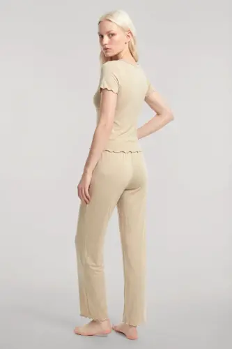 Angelino V-Neck Soft Textured Pajama Set Beige - 5