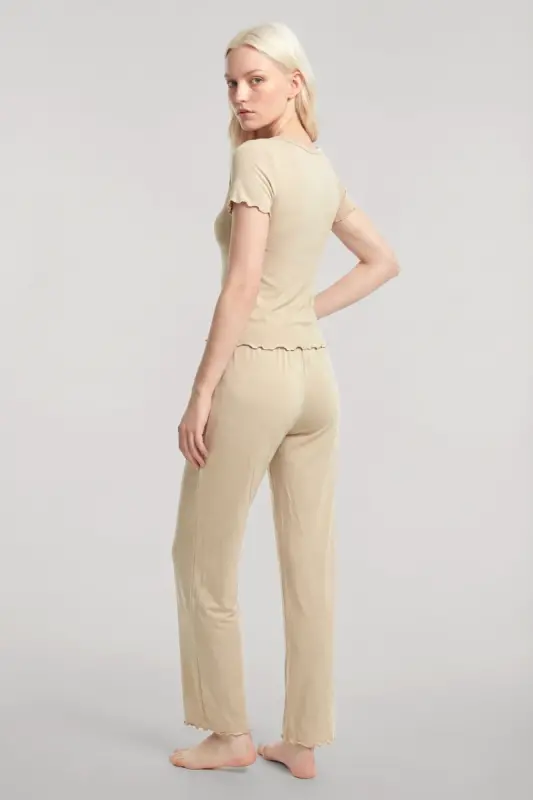 Angelino V-Neck Soft Textured Pajama Set Beige - 5