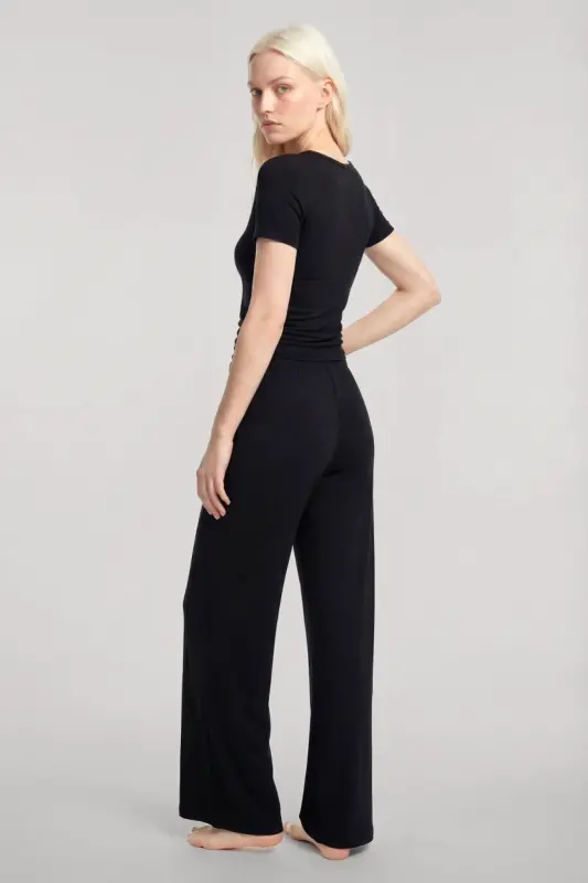 Angelino V-Neck Soft Textured Pajama Set Black - BÜYÜKBEDENIZ