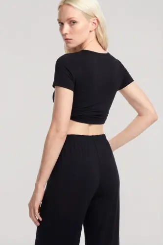 Angelino V-Neck Soft Textured Pajama Set Black - 2