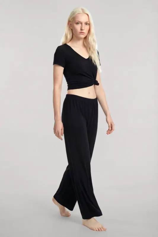 Angelino V-Neck Soft Textured Pajama Set Black - 3