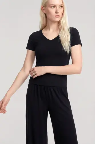 Angelino V-Neck Soft Textured Pajama Set Black - 4