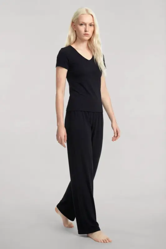 Angelino V-Neck Soft Textured Pajama Set Black - 5