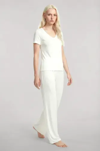 Angelino V-Neck Soft Textured Pajama Set Ecru - 1