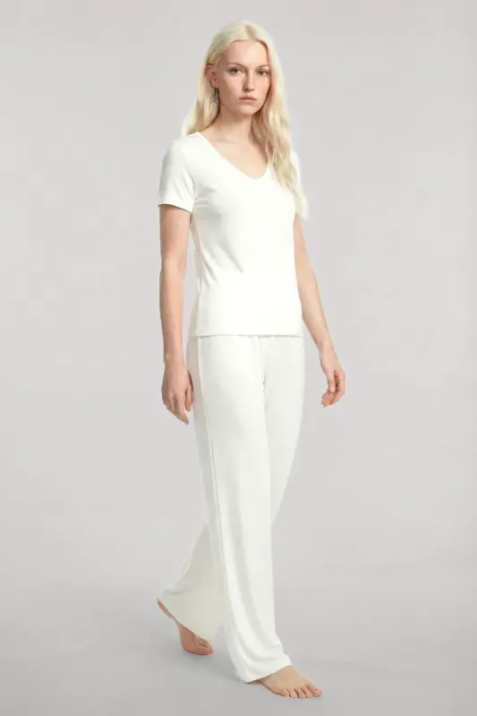 Angelino V-Neck Soft Textured Pajama Set Ecru - 1