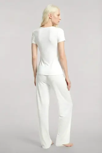 Angelino V-Neck Soft Textured Pajama Set Ecru - BÜYÜKBEDENIZ (1)