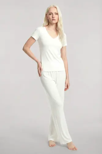 Angelino V-Neck Soft Textured Pajama Set Ecru - 3