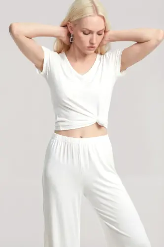 Angelino V-Neck Soft Textured Pajama Set Ecru - 4