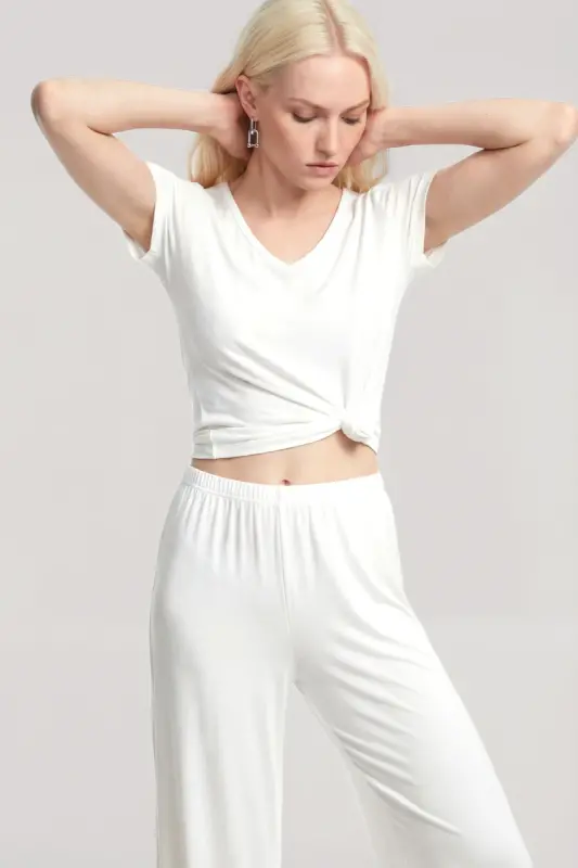 Angelino V-Neck Soft Textured Pajama Set Ecru - 4