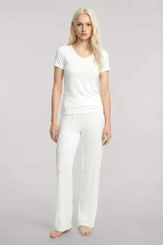 Angelino V-Neck Soft Textured Pajama Set Ecru - 5