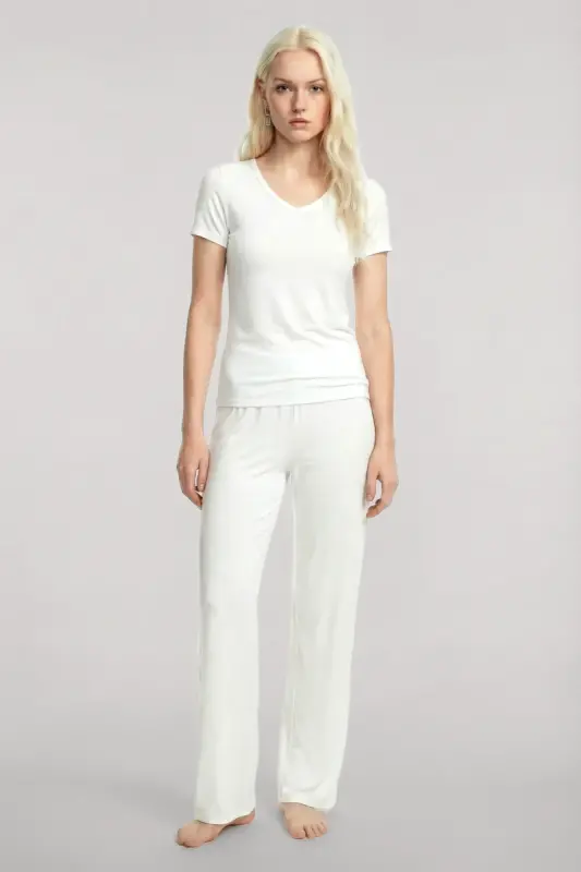 Angelino V-Neck Soft Textured Pajama Set Ecru - 5