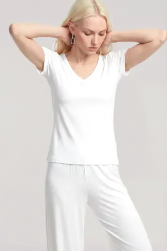 Angelino V-Neck Soft Textured Pajama Set Ecru - 7